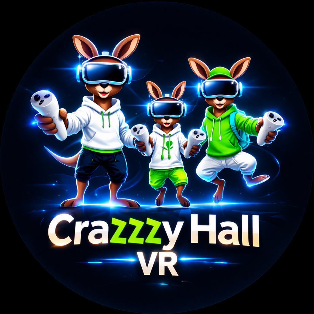 VR Arena Lippstadt Logo Crazzzy Hall mit drei Kängurus, VR-Brillen und Controllern in futuristischem Design
